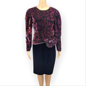 Lisa Michaels 80s Vintage Black with Burgundy Green Floral Velvet Dress Cocktail